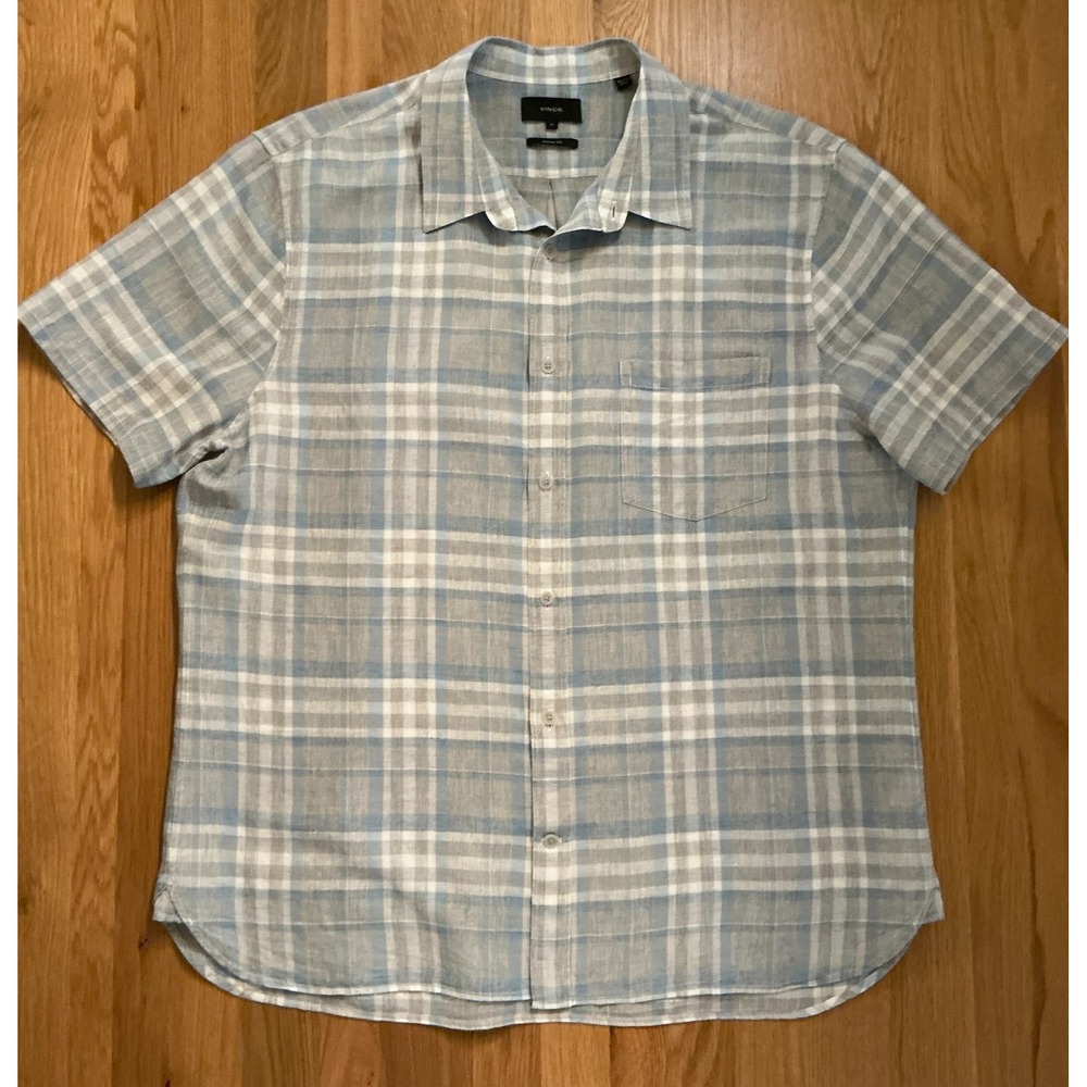 Vince Plaid Linen Cotton Shirt Men's XL Short Sleeve Blue Gray Classic‎ Fit